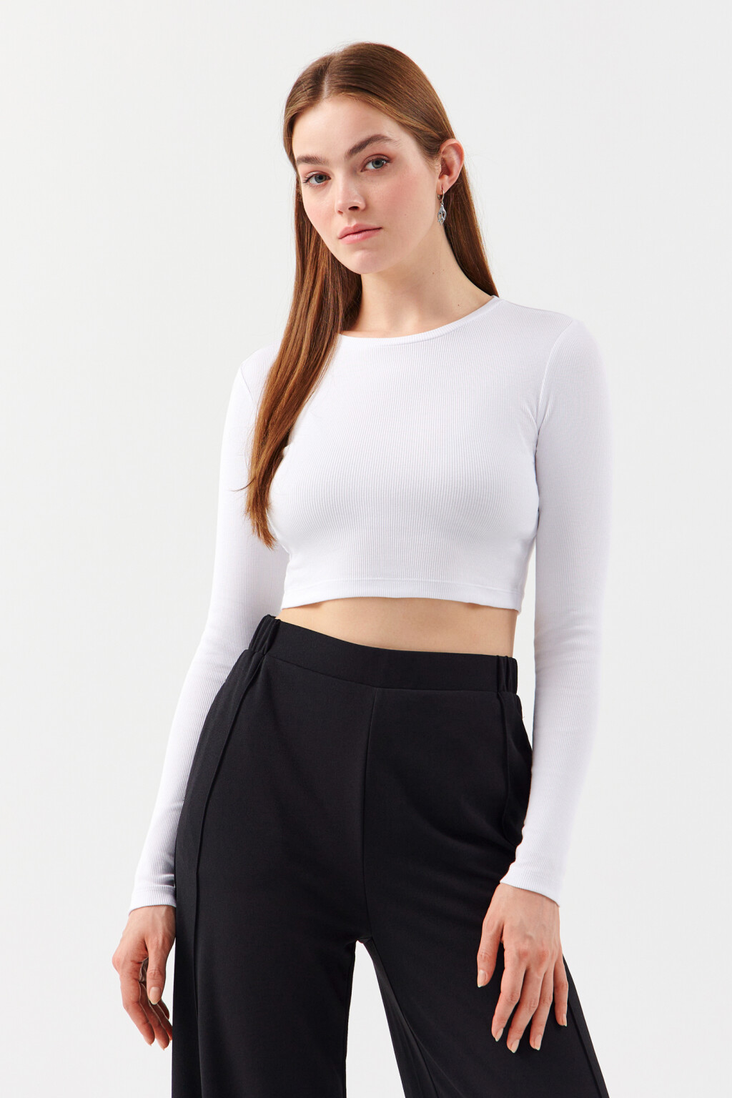 Лонгслив хлопковый укороченный - цвет белый - 1