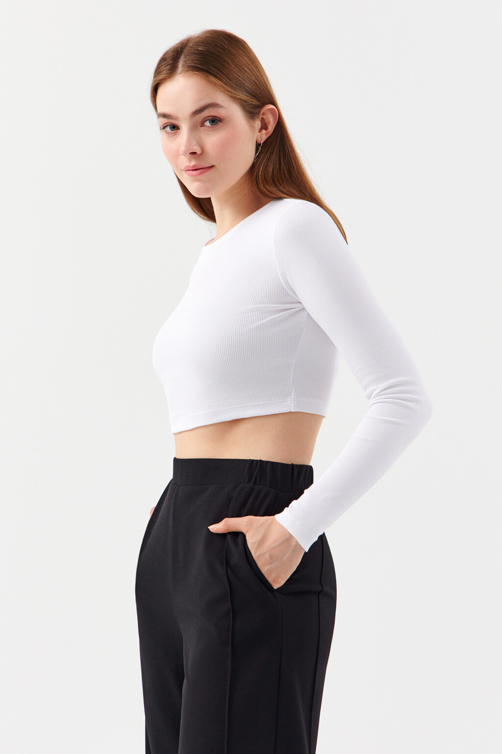 Лонгслив хлопковый укороченный - цвет белый - 2