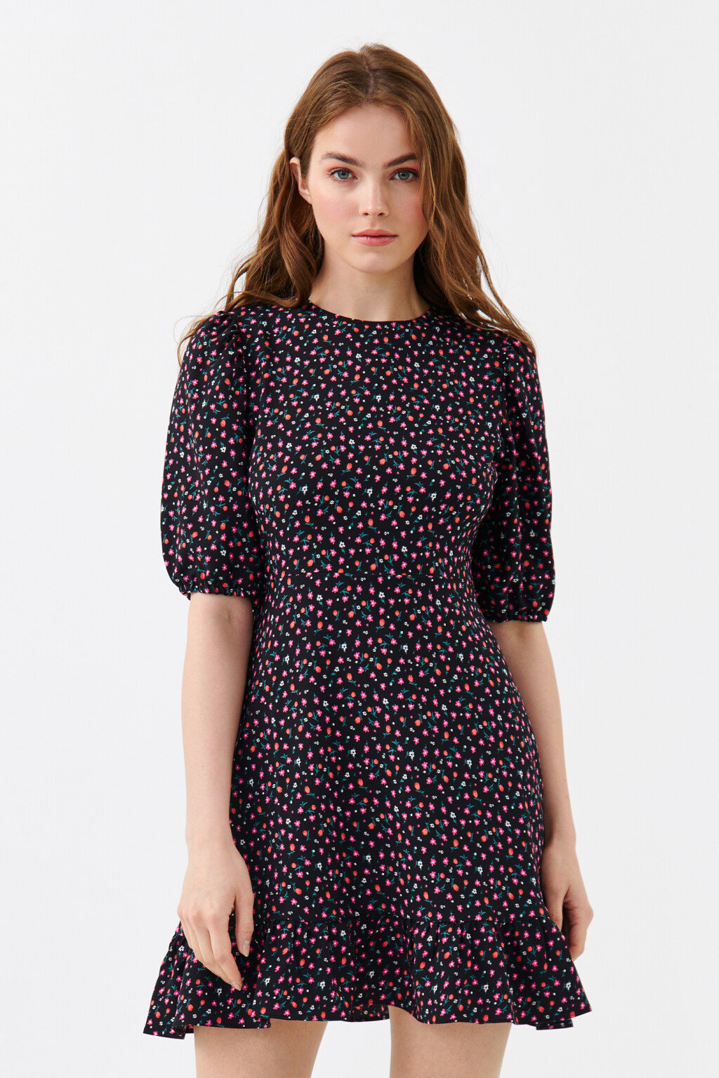 Платье мини с рукавами-фонариками - цвет черный - 1