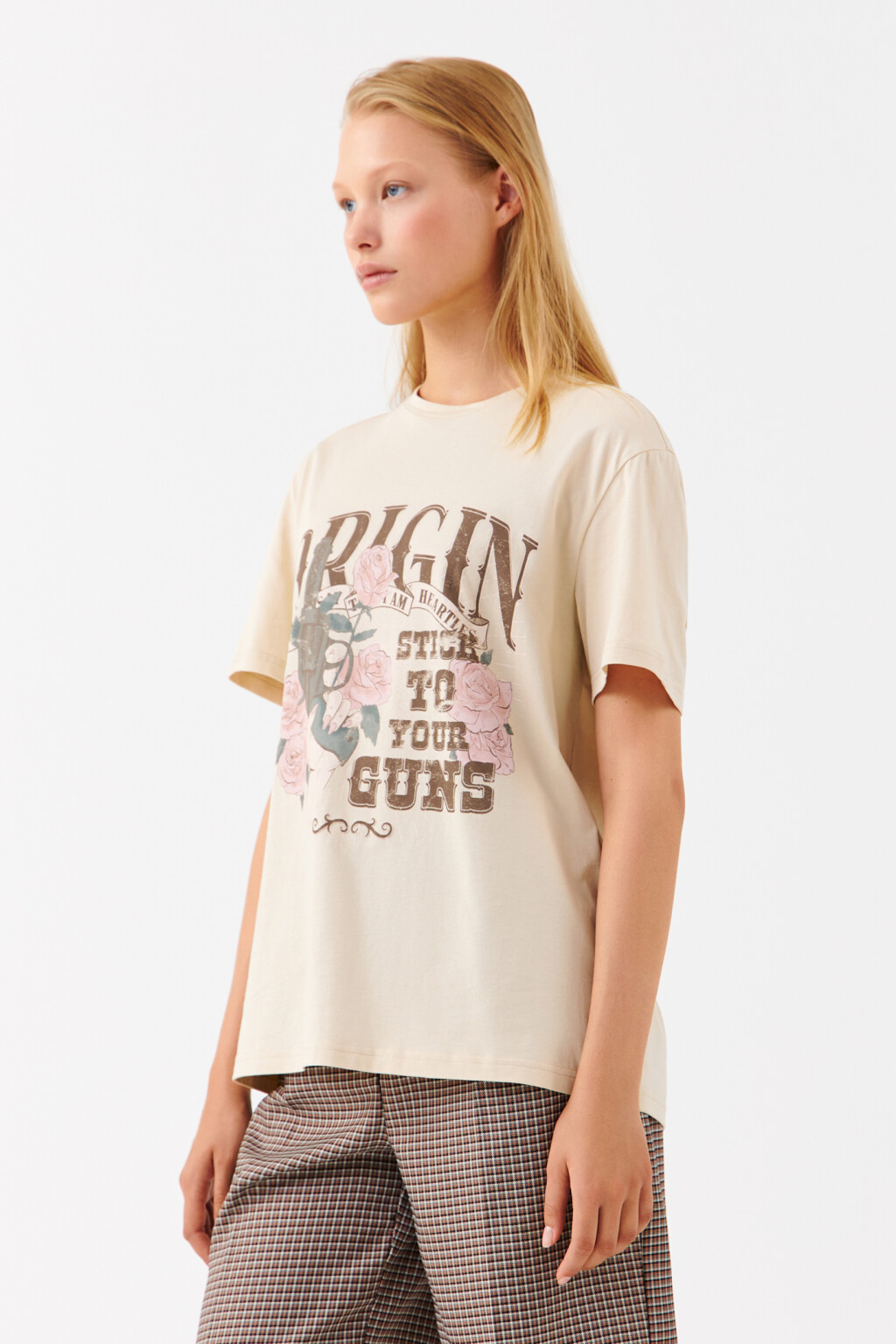 Футболка хлопковая с принтом - цвет бежевый - 2