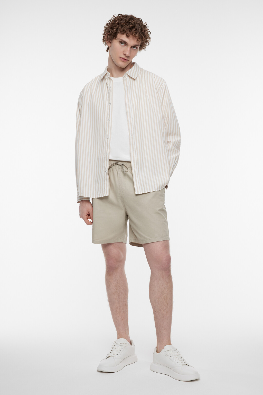 Шорты прямые хлопковые с поясом на завязках - цвет бежевый - 4