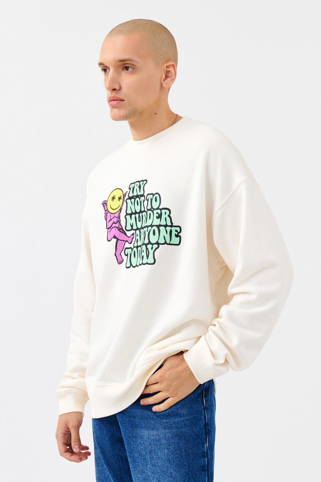 Свитшот хлопковый с принтом - цвет бежевый - 2