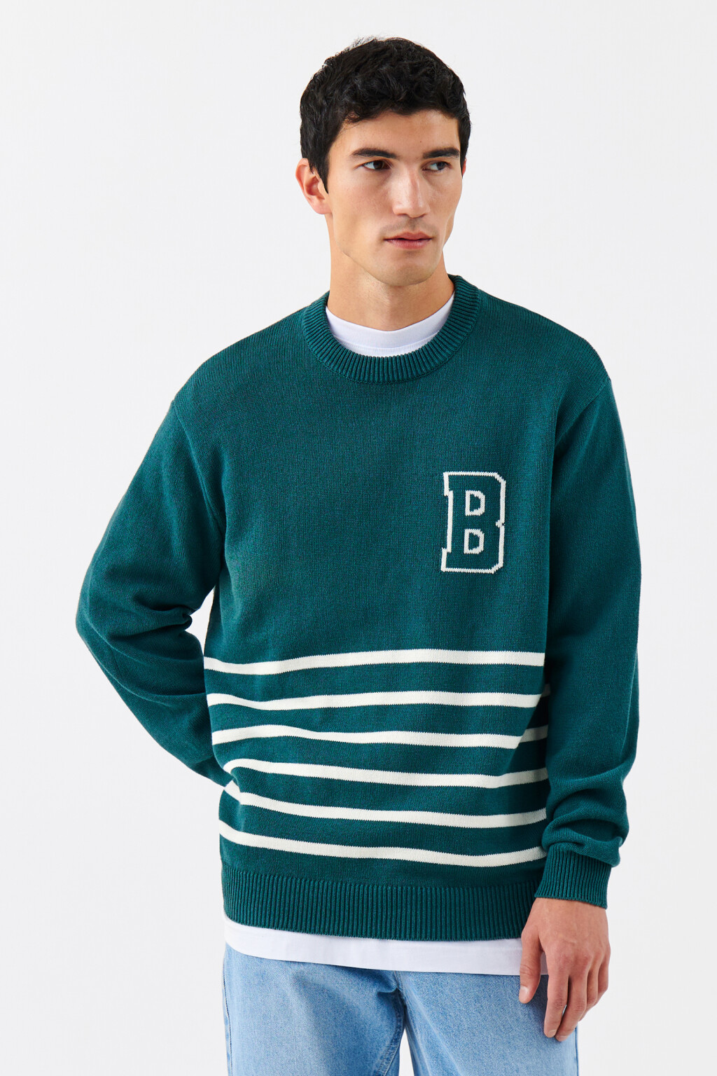 Джемпер хлопковый вязаный с принтом - цвет зеленый - 1