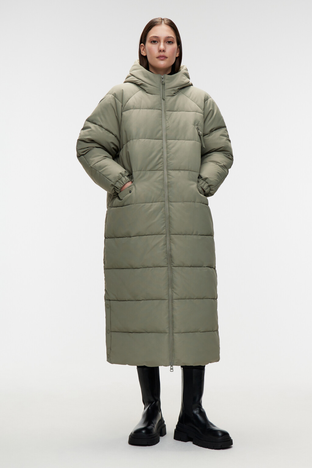 Пальто зимнее стеганое с капюшоном - цвет мятный - 1