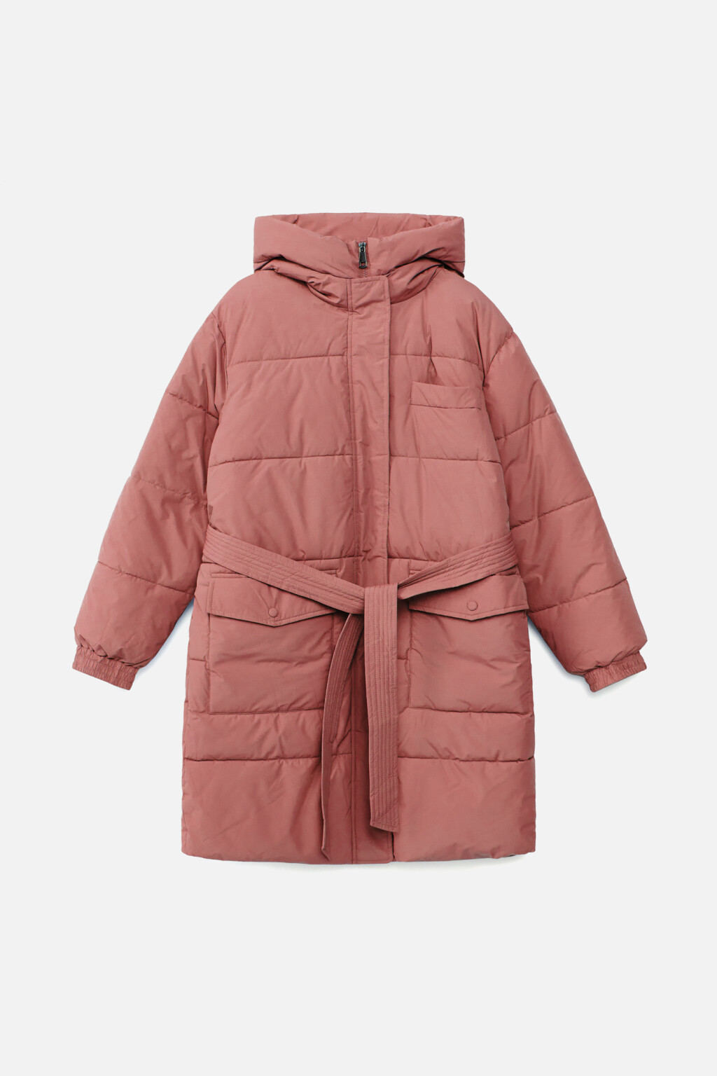 Пальто стеганое с капюшоном и поясом - цвет розовый - 8
