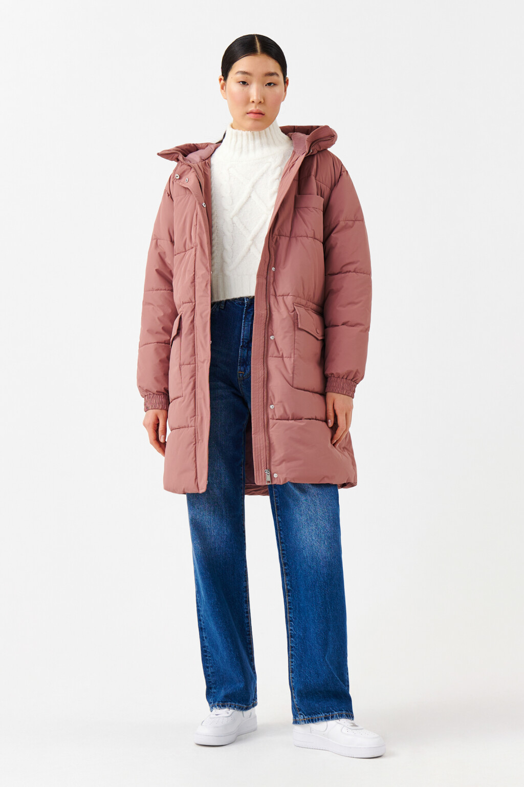 Пальто стеганое с капюшоном и поясом - цвет розовый - 4