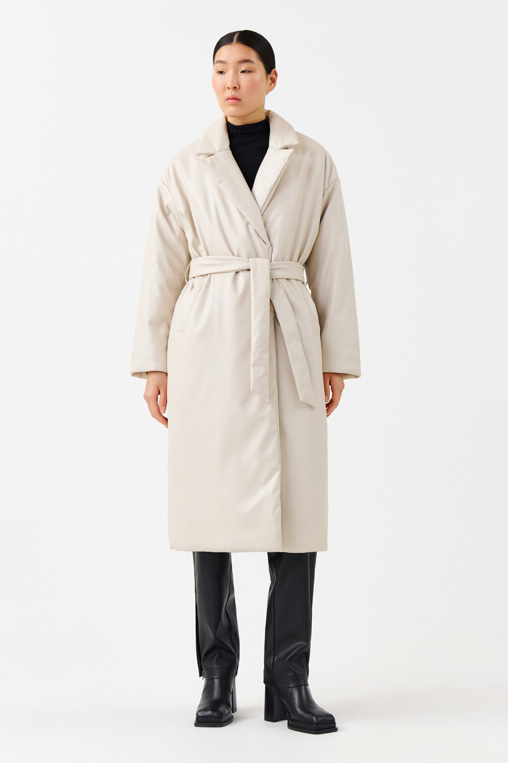 Пальто утепленное из искусственной кожи - цвет бежевый - 1