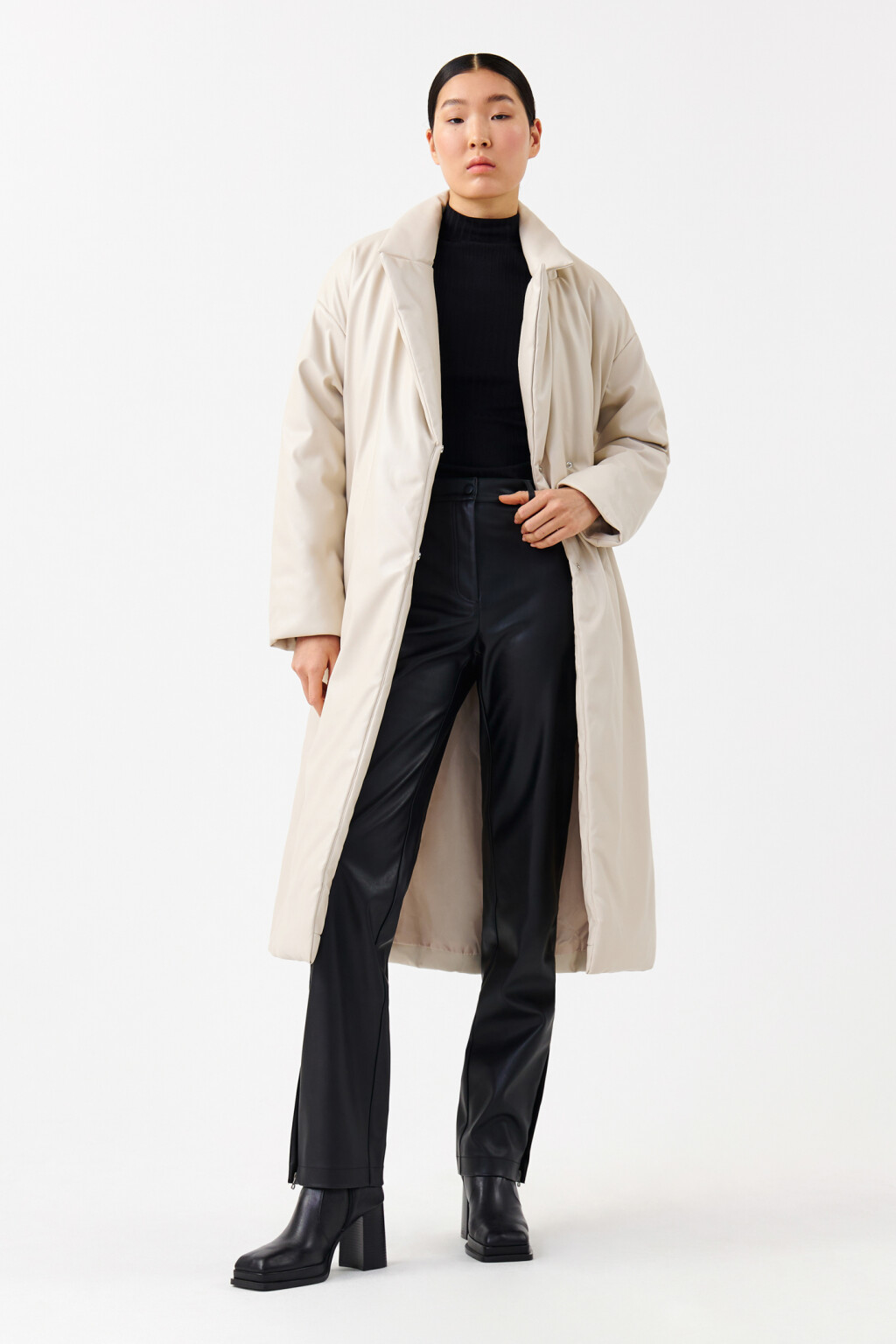 Пальто утепленное из искусственной кожи - цвет бежевый - 4