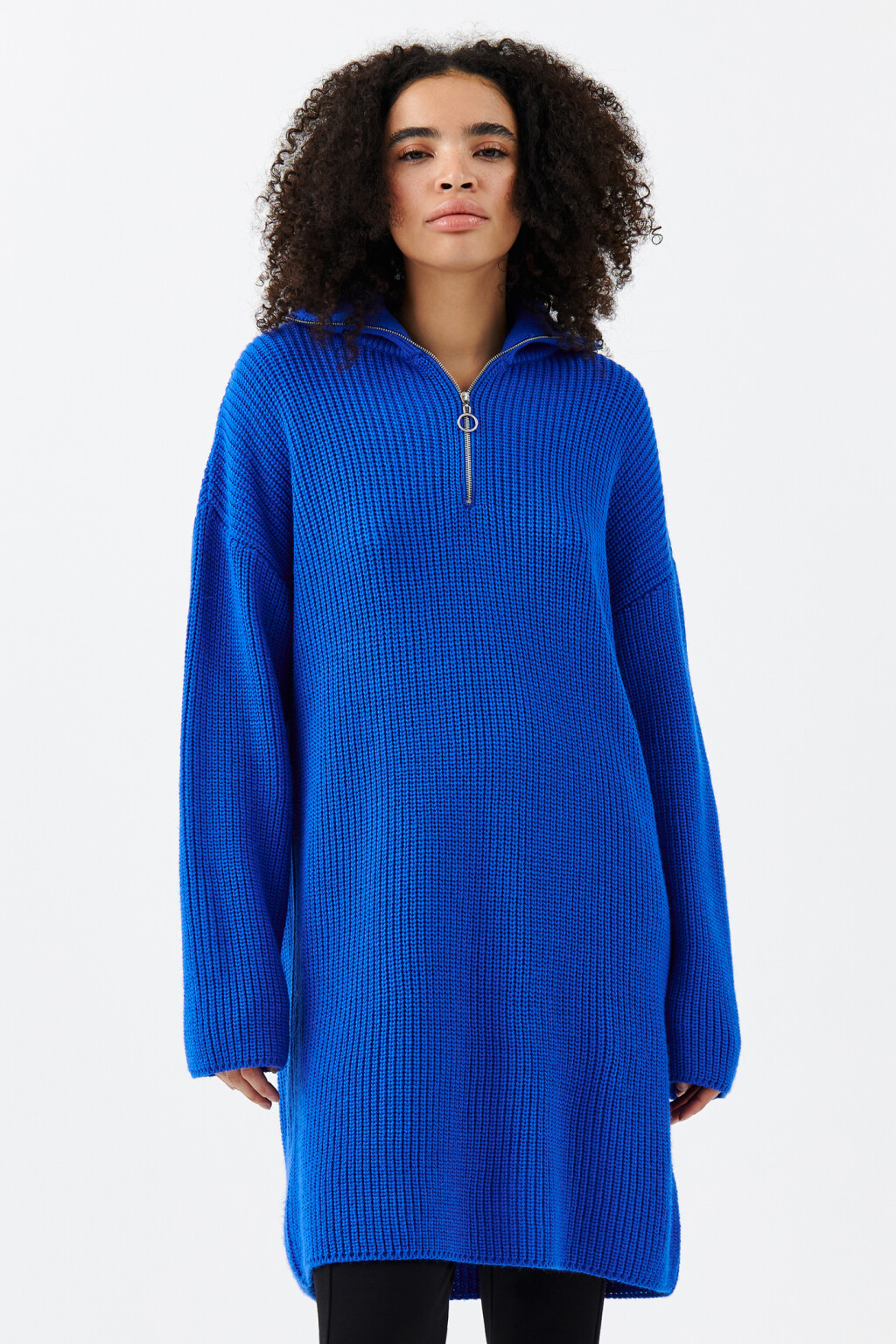 Платье миди толстой вязки с воротником - цвет синий - 1