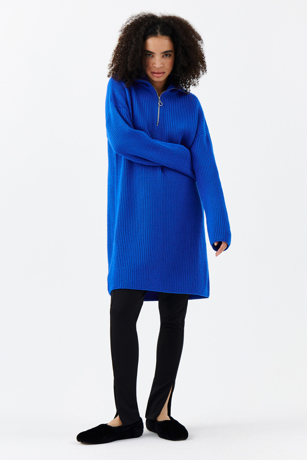 Платье миди толстой вязки с воротником - цвет синий - 4