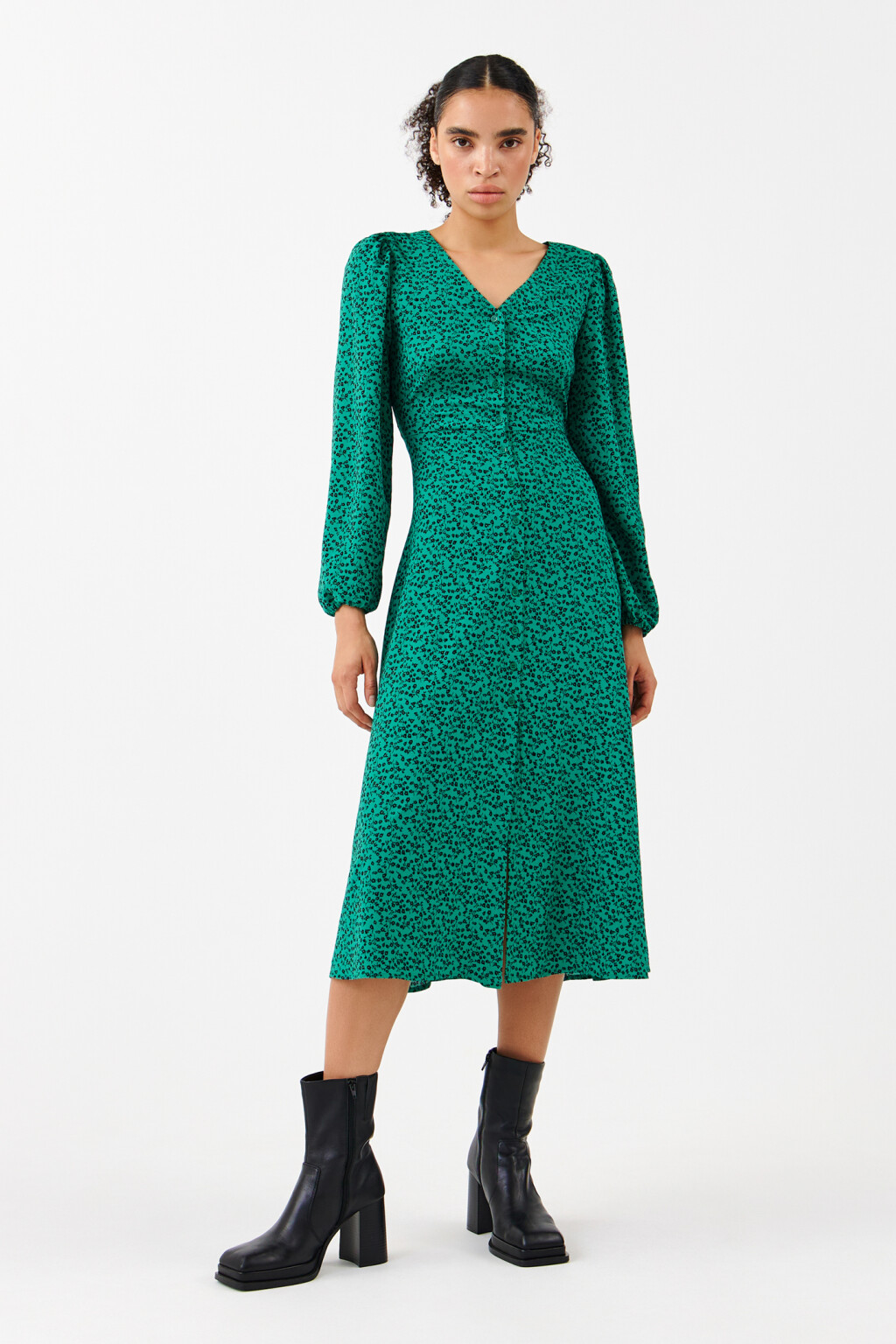 Платье миди с длинными рукавами - цвет зеленый - 1
