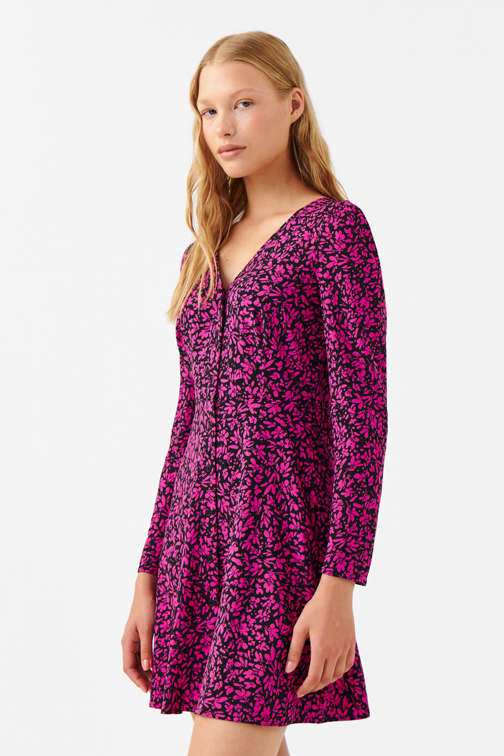 Платье мини с длинными рукавами - цвет розовый - 2