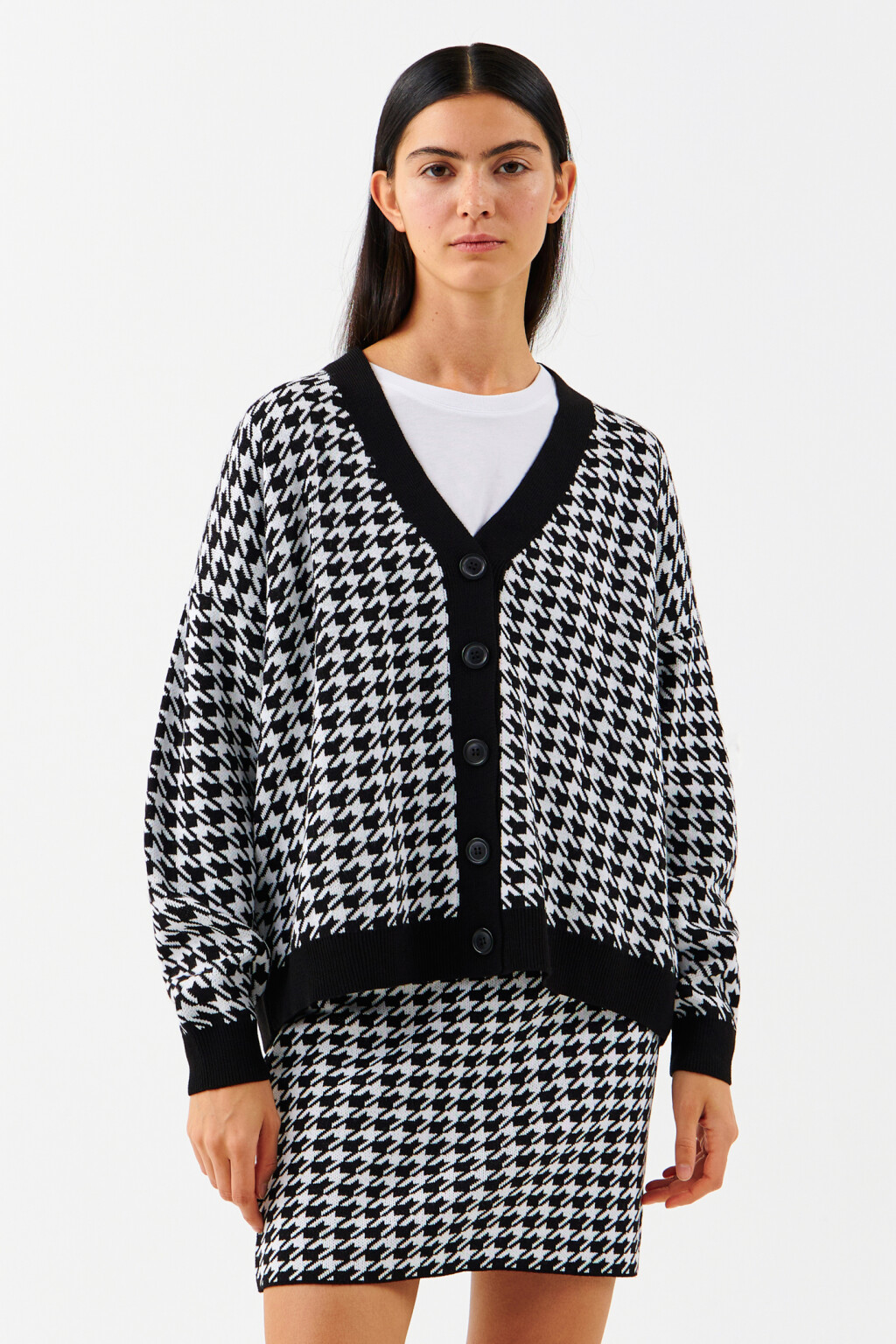 Кардиган вязаный с принтом гусиная лапка - цвет черный - 1