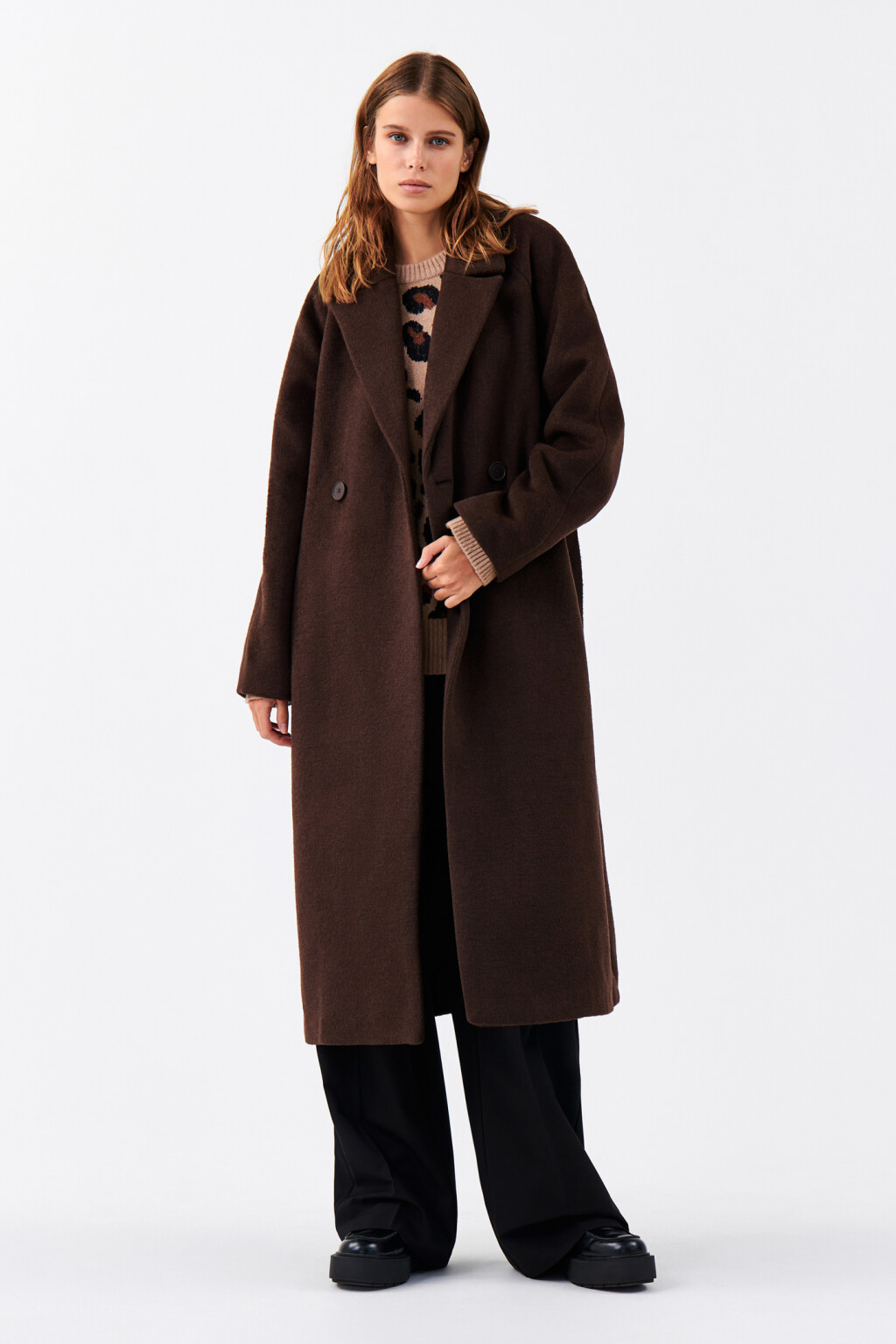 Пальто драповое длинное с поясом - цвет коричневый - 4