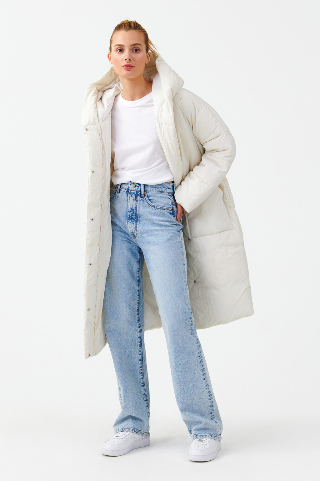 Пальто стеганое утепленное с капюшоном - цвет бежевый - 4