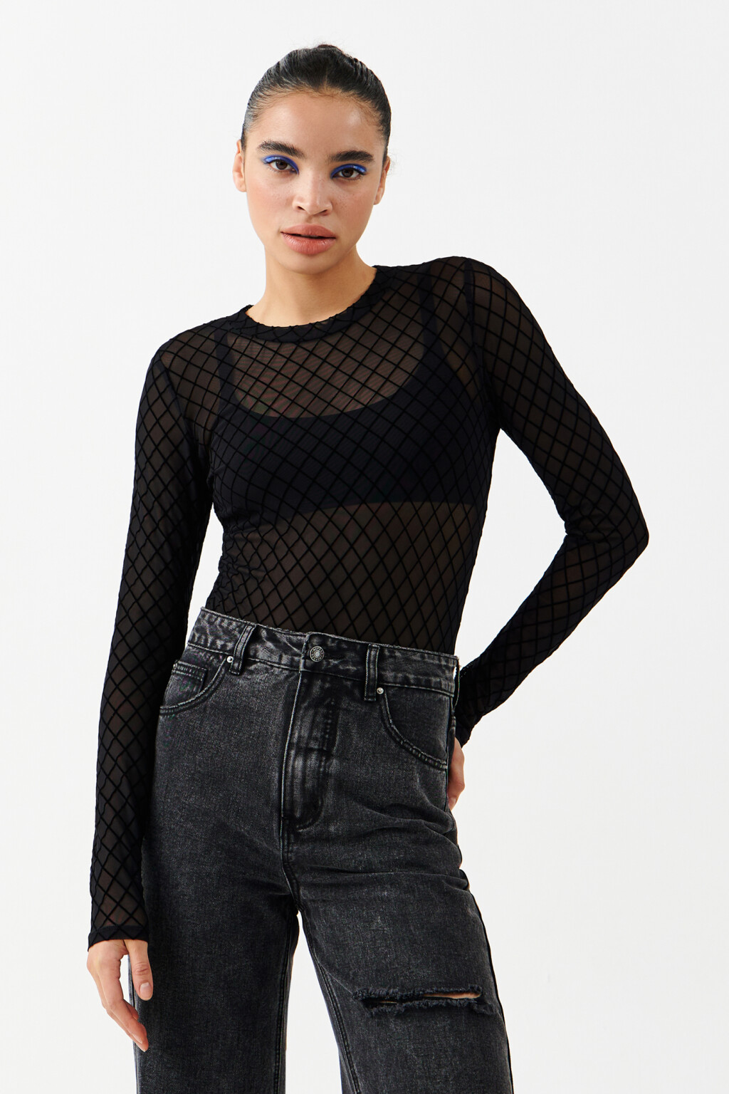 блузка-боди облегающая сетчатая - цвет черный - 1