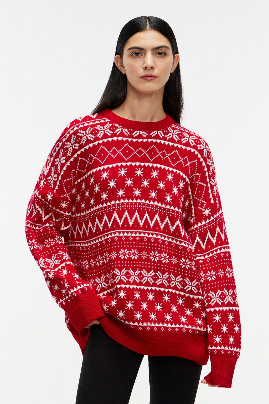 Джемпер вязаный с новогодним принтом - цвет красный - 1