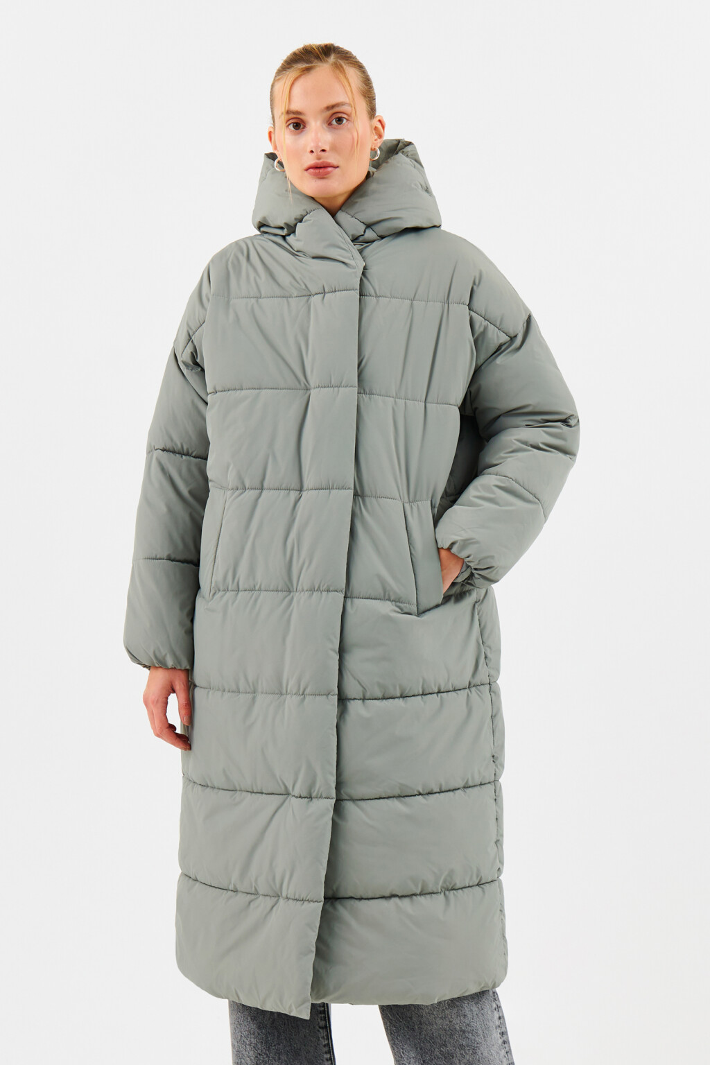 Пуховик зимний стеганый с капюшоном - цвет мятный - 1