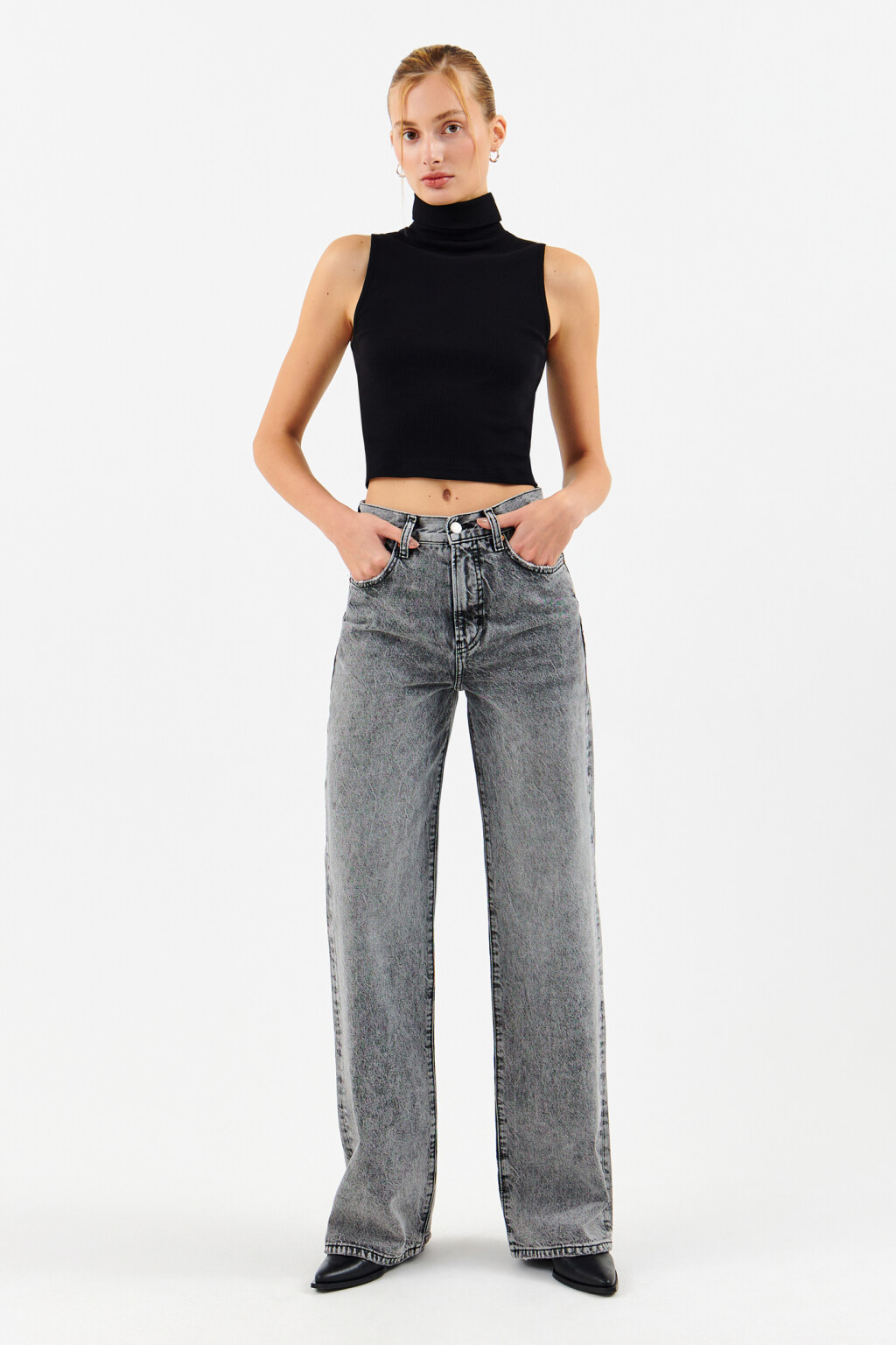 Джинсы широкие с потертостями - цвет серый - 4