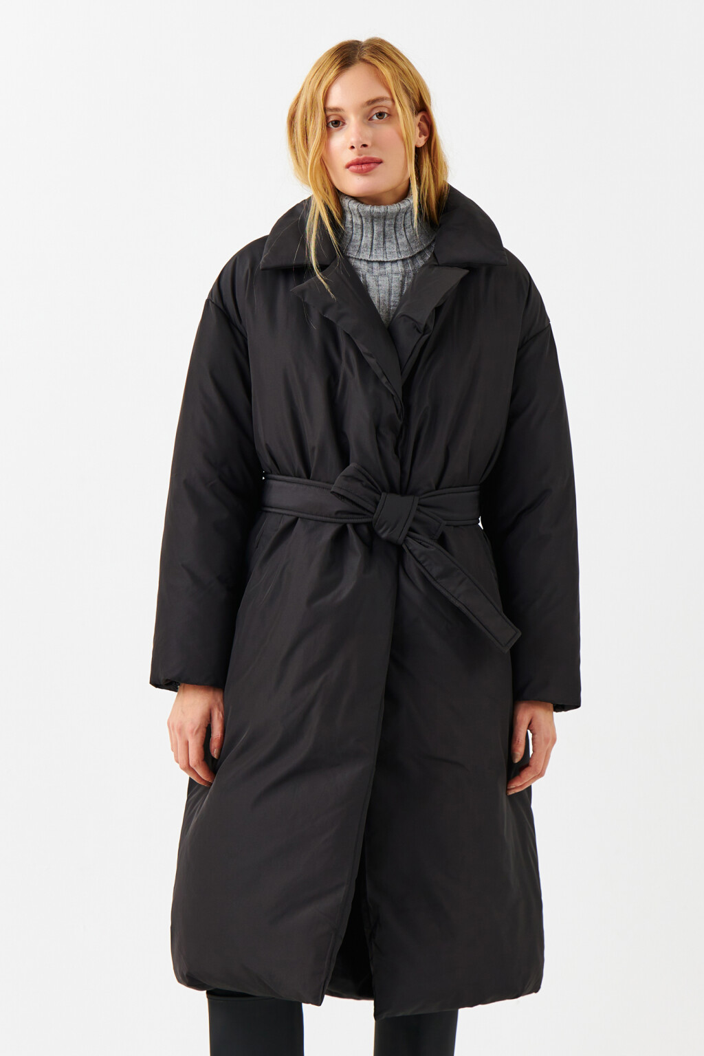 Пальто длинное утепленное с поясом - цвет черный - 1