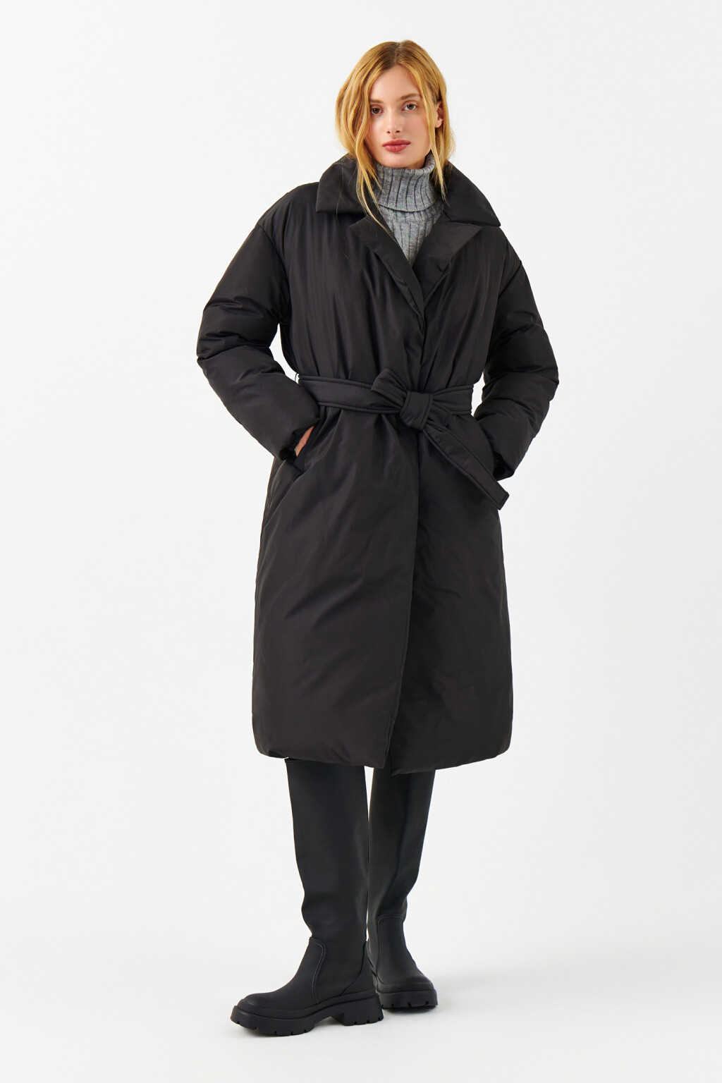 Пальто длинное утепленное с поясом - цвет черный - 4