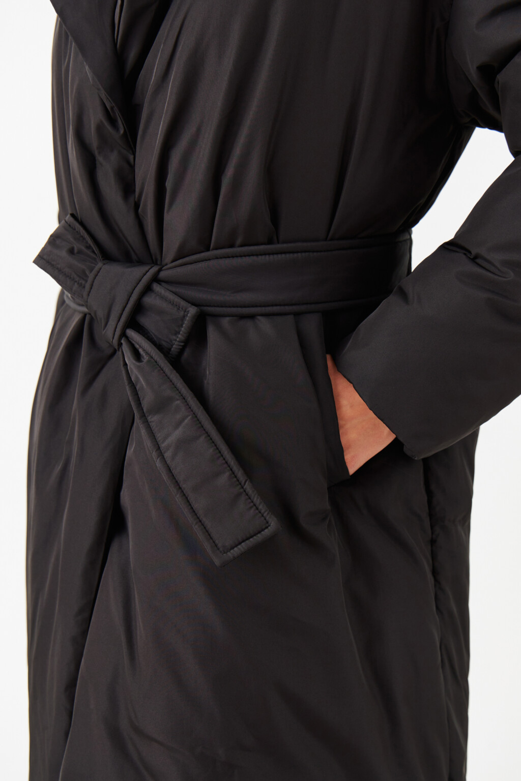 Пальто длинное утепленное с поясом - цвет черный - 5