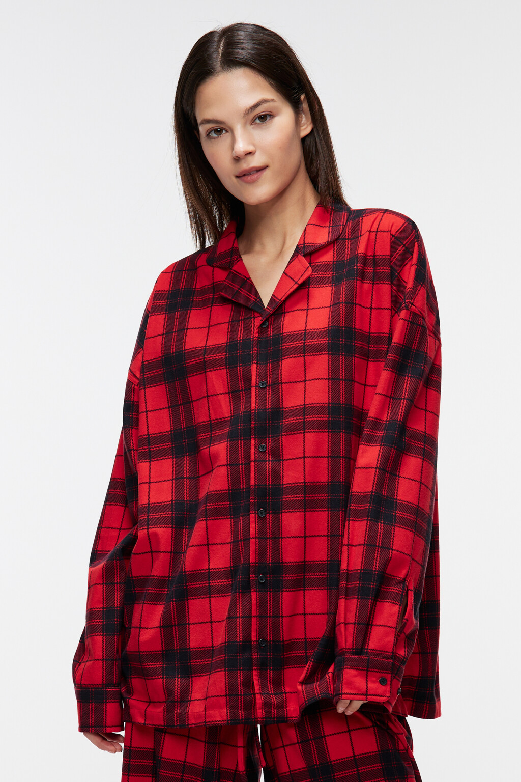 Рубашка пижамная клетчатая унисекс - цвет красный - 1