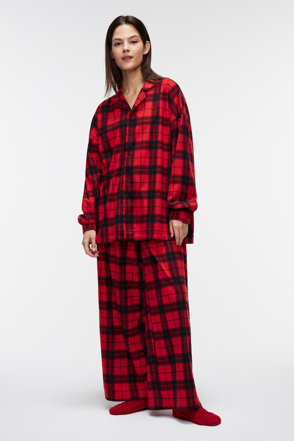 Рубашка пижамная клетчатая унисекс - цвет красный - 4