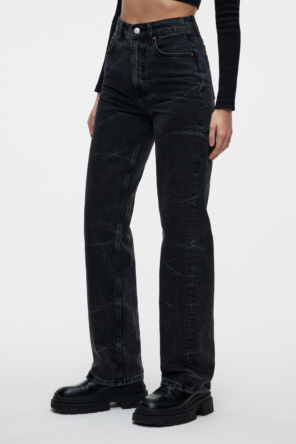 Джинсы прямые высокие с вареным эффектом - цвет серый - 2