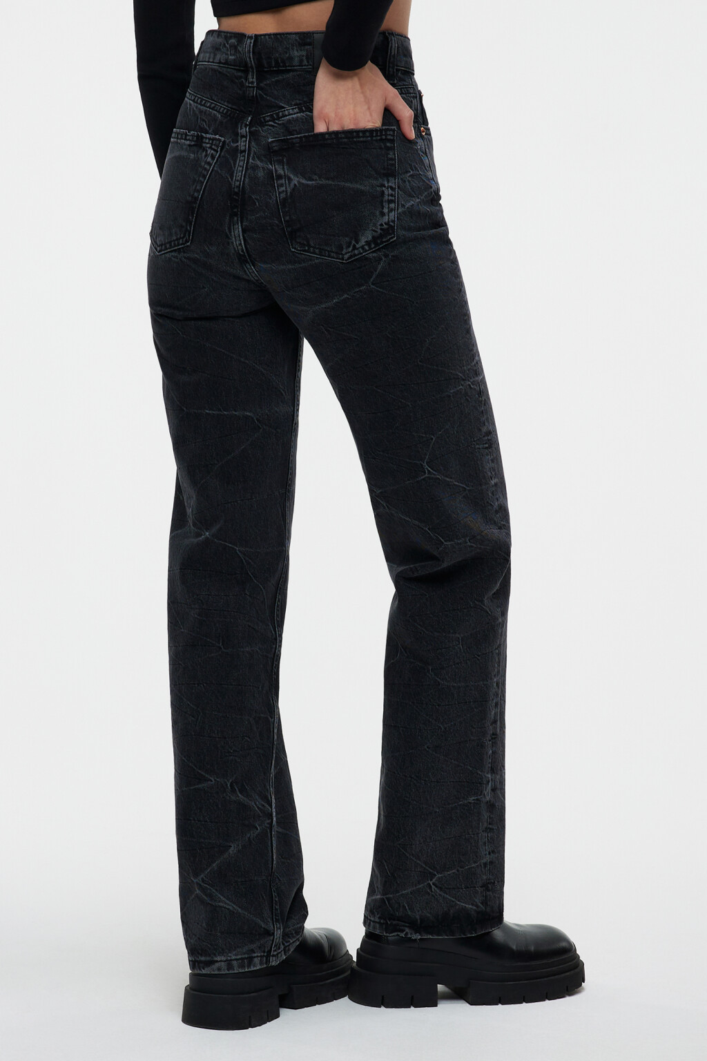 Джинсы прямые высокие с вареным эффектом - цвет серый - 3