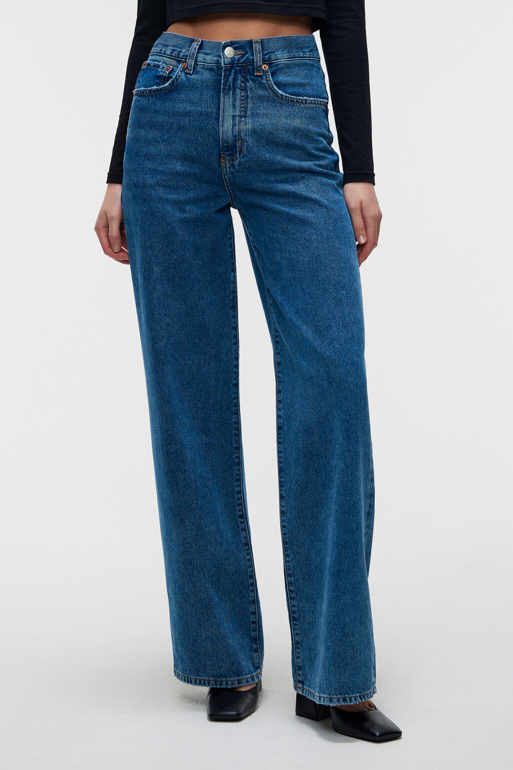 Джинсы wide leg с потертостями на карманах - цвет голубой - 1