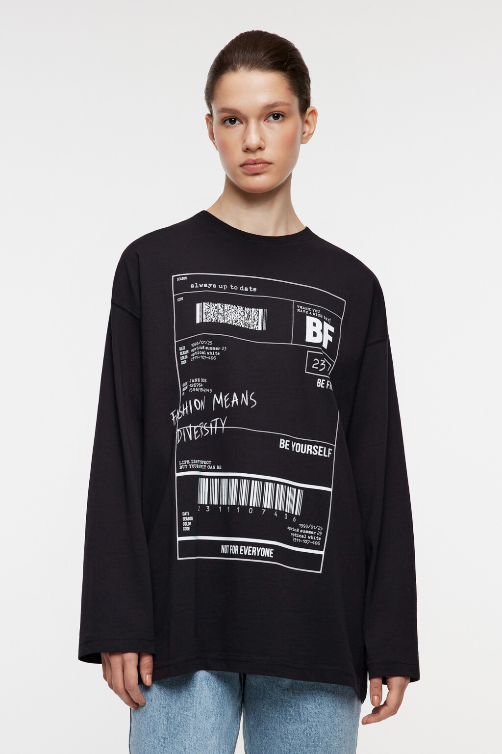 Лонгслив oversize хлопковый с принтом - цвет черный - 1