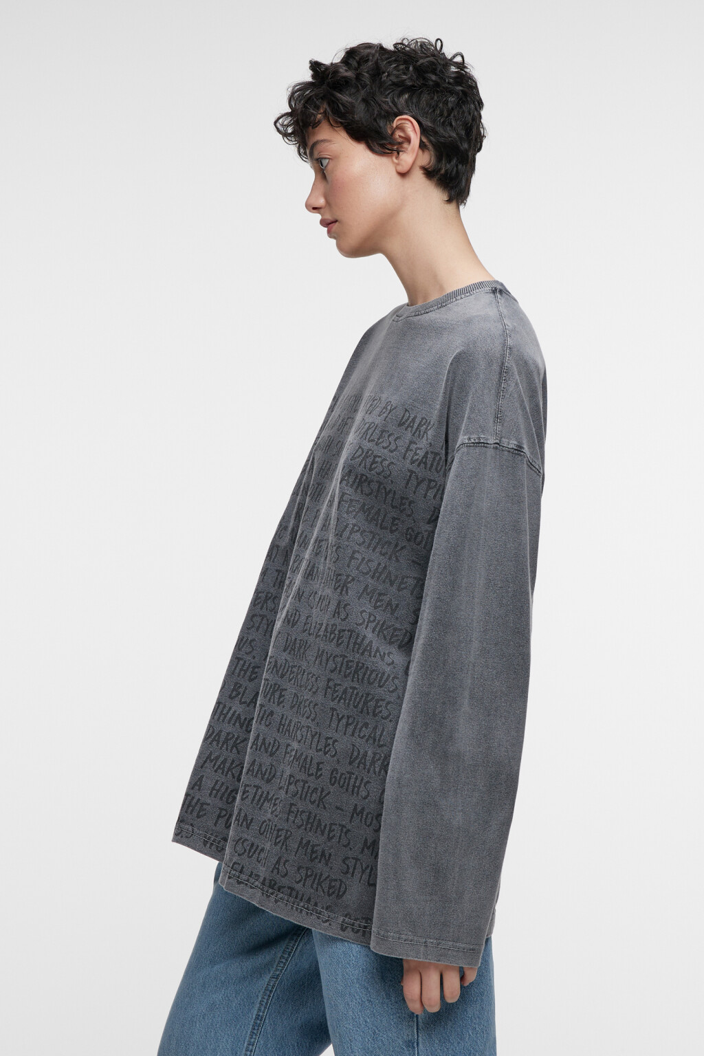 Лонгслив oversize хлопковый с принтом-надписью - цвет серый - 2
