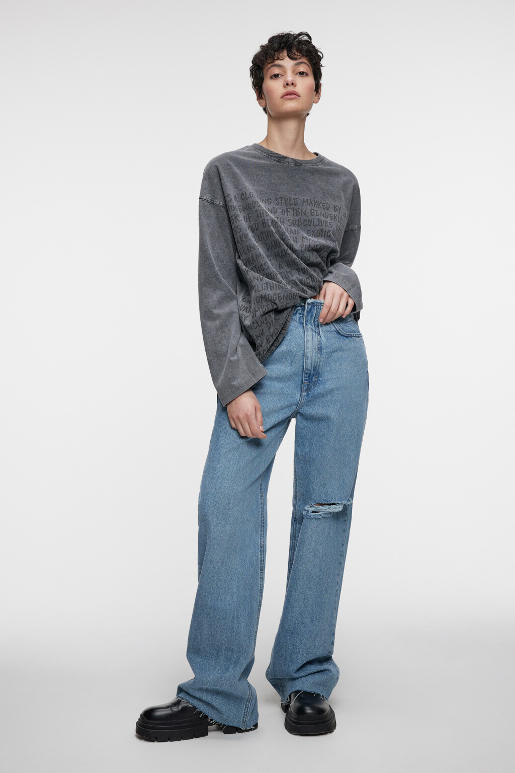 Лонгслив oversize хлопковый с принтом-надписью - цвет серый - 4