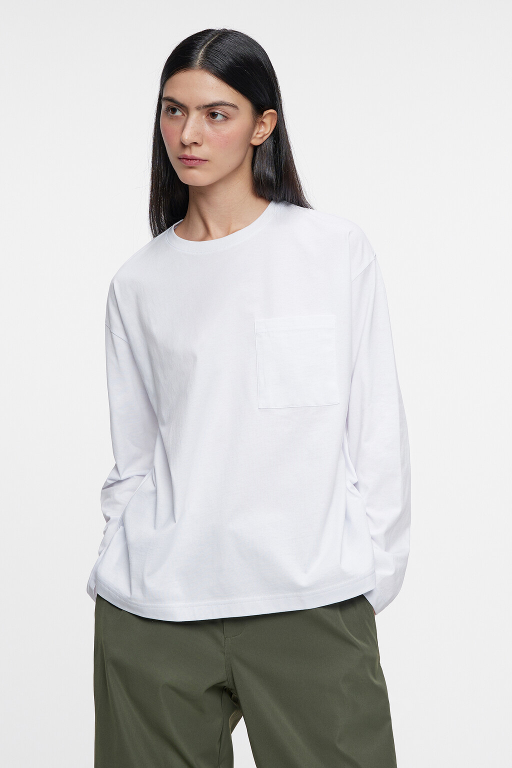 Лонгслив oversize хлопковый с нагрудным карманом - цвет белый - 1