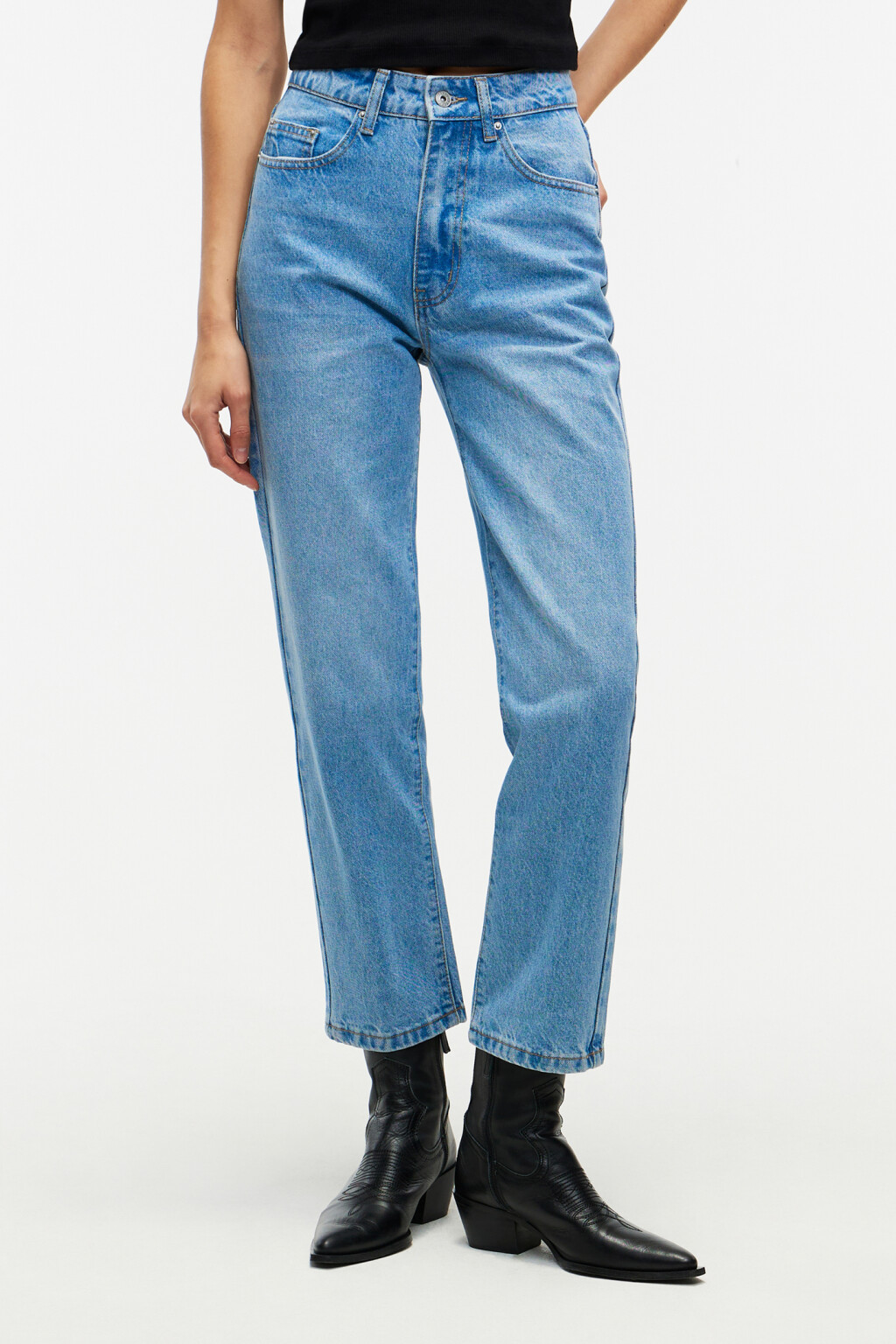 Джинсы прямые укороченные с высокой посадкой - цвет голубой - 1