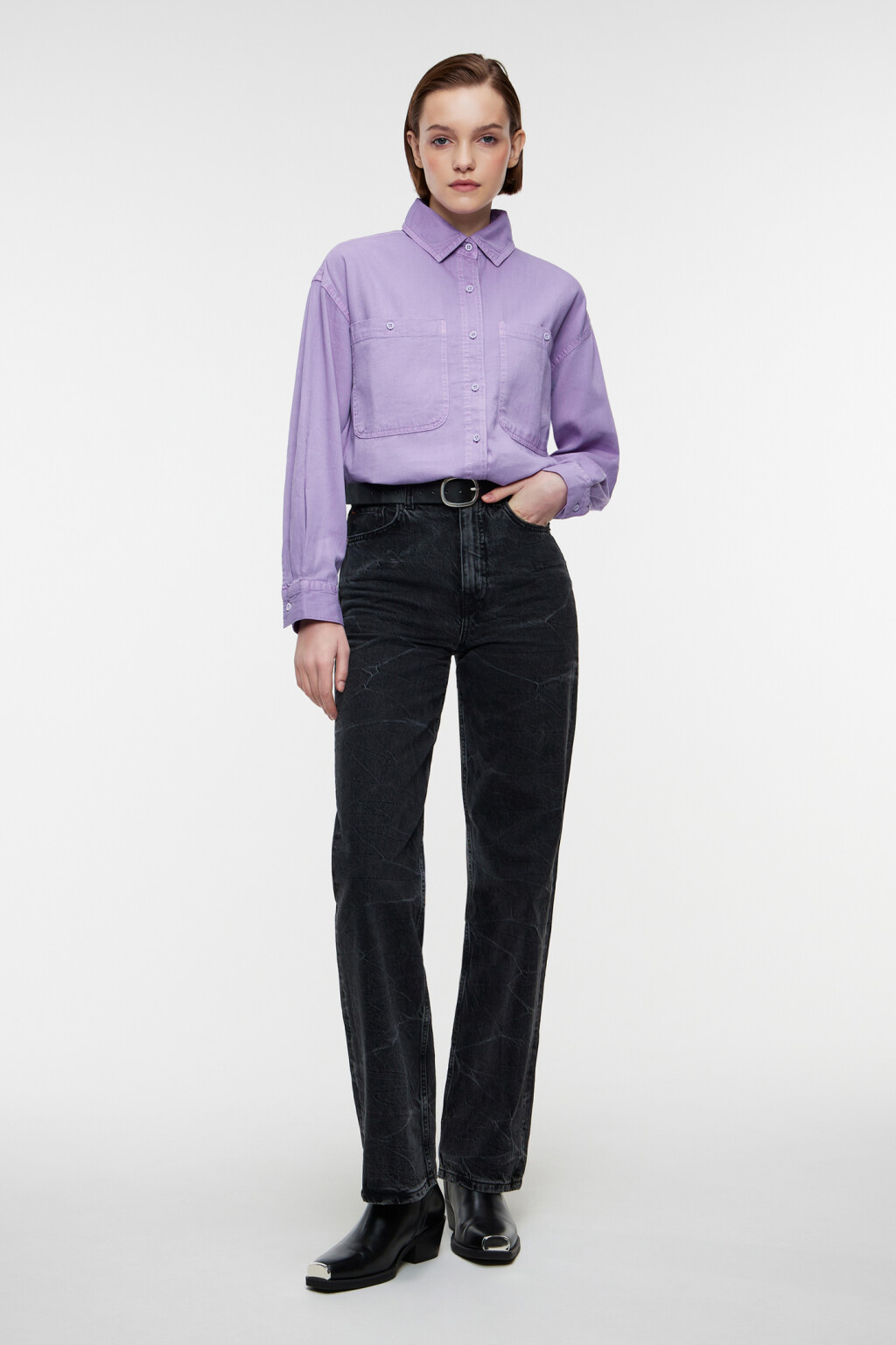 Рубашка oversize джинсовая с нагрудными карманами - цвет сиреневый - 4