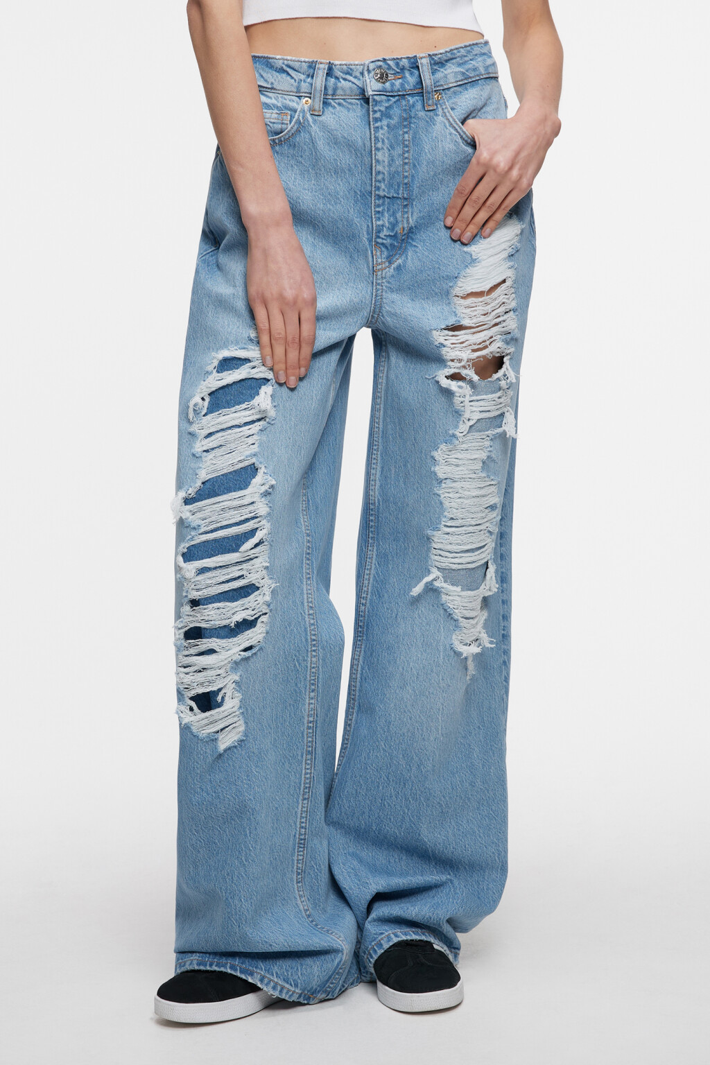 Джинсы-трубы wide leg рваные с потертостями - цвет голубой - 1