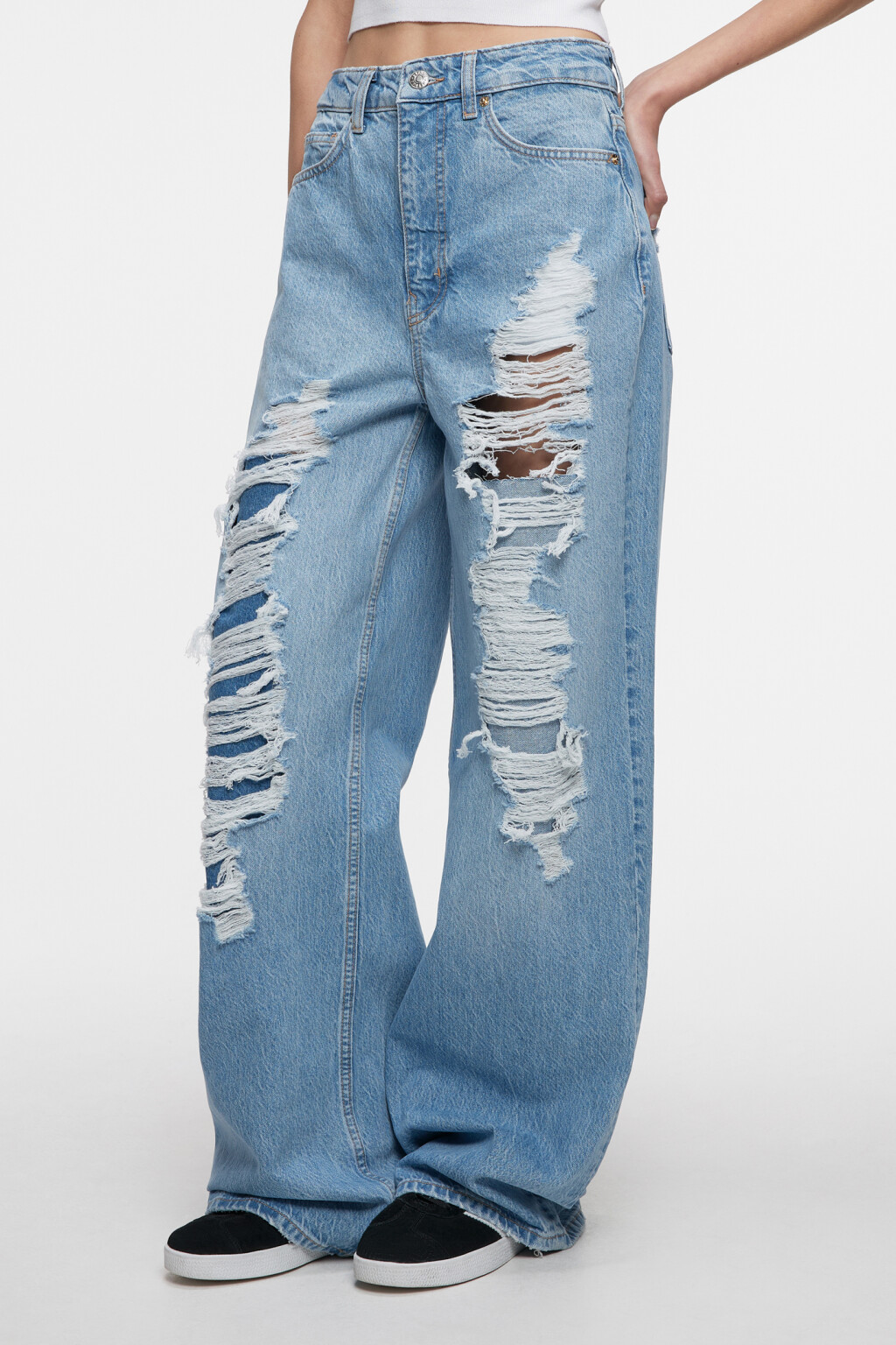 Джинсы-трубы wide leg рваные с потертостями - цвет голубой - 2