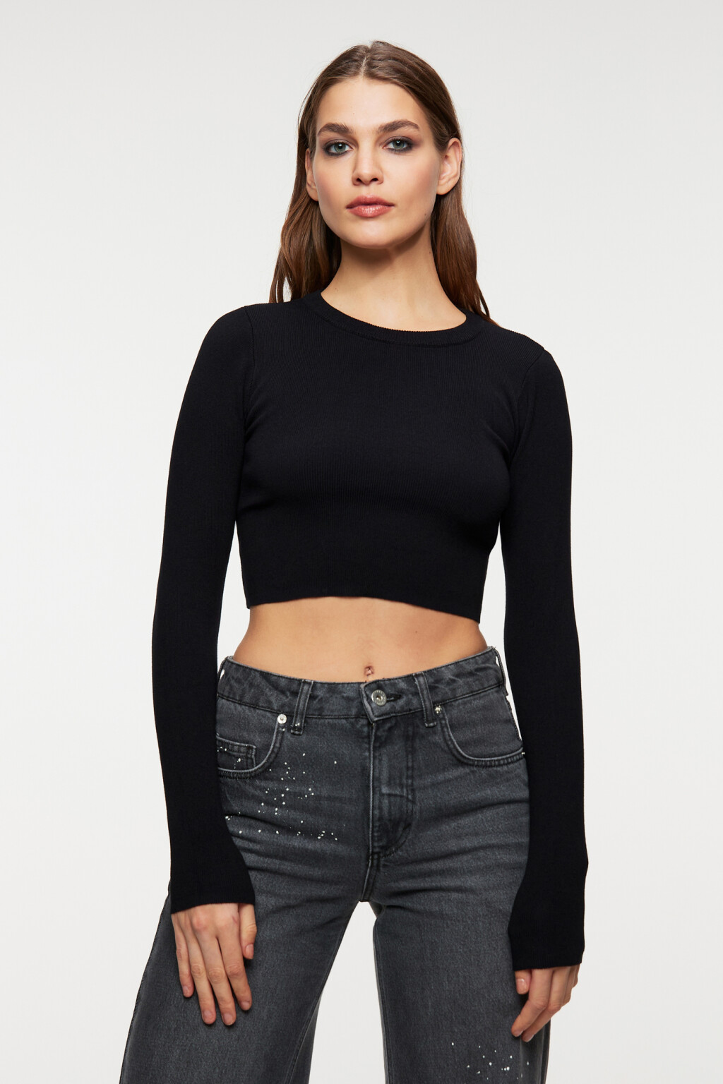 Лонгслив вискозный облегающий тонкой вязки в рубчик - цвет черный - 1