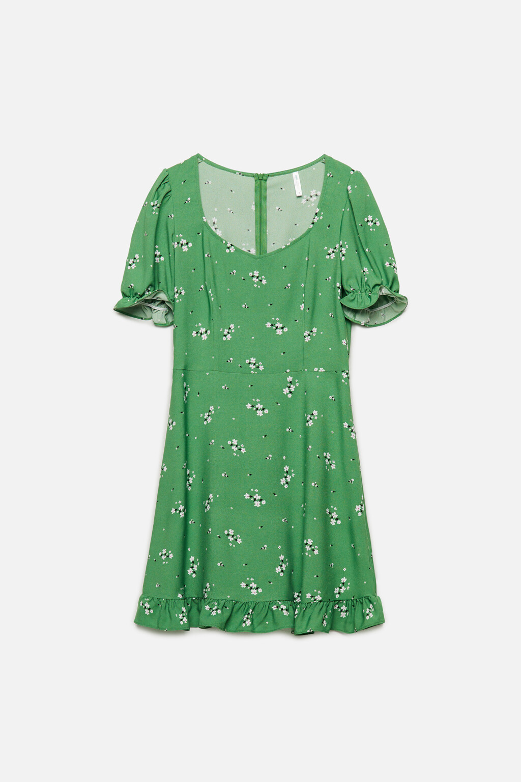 Платье мини приталенное с оборками и рукавами-фонариками - цвет зеленый - 7