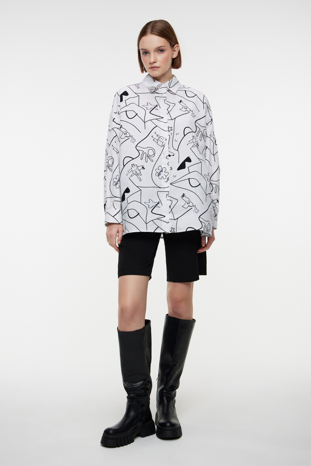 Рубашка oversize хлопковая с принтом - цвет белый - 4