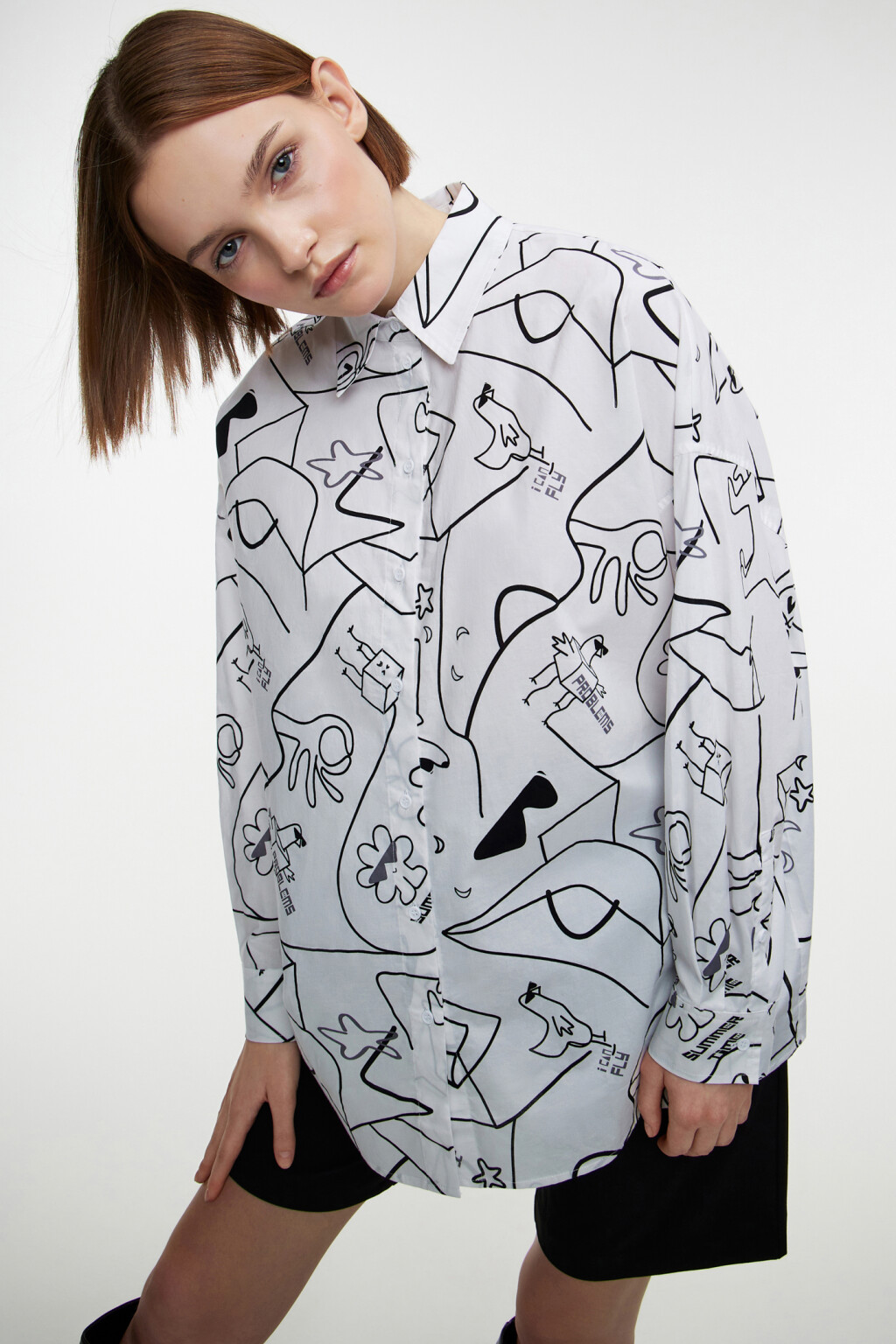 Рубашка oversize хлопковая с принтом - цвет белый - 9