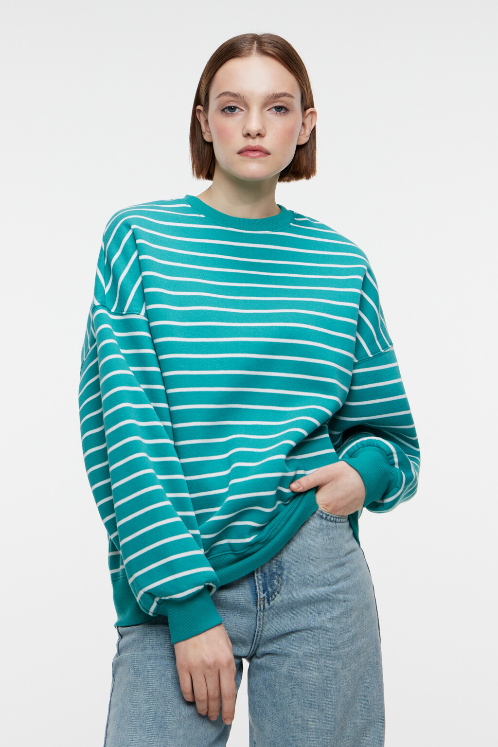 Толстовка oversize хлопковая утепленная в полоску - цвет зеленый - 1