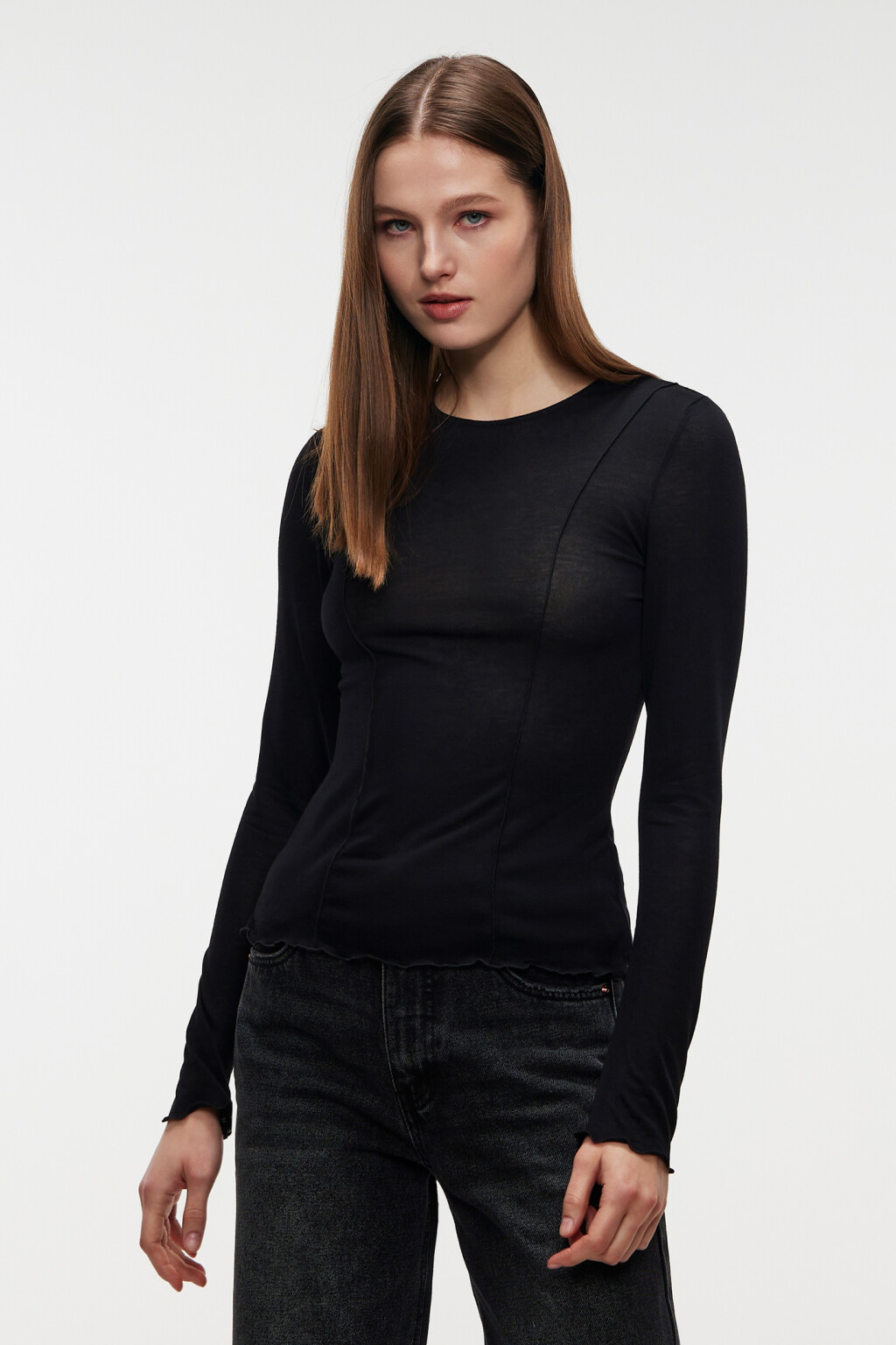 Лонгслив облегающий с волнистыми краями - цвет черный - 1