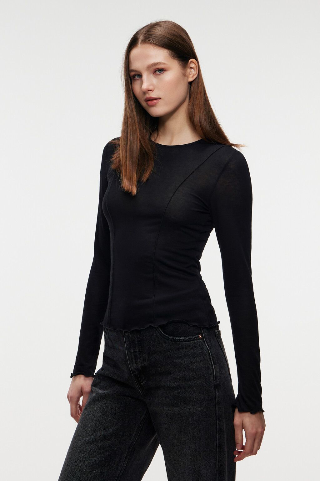 Лонгслив облегающий с волнистыми краями - цвет черный - 2