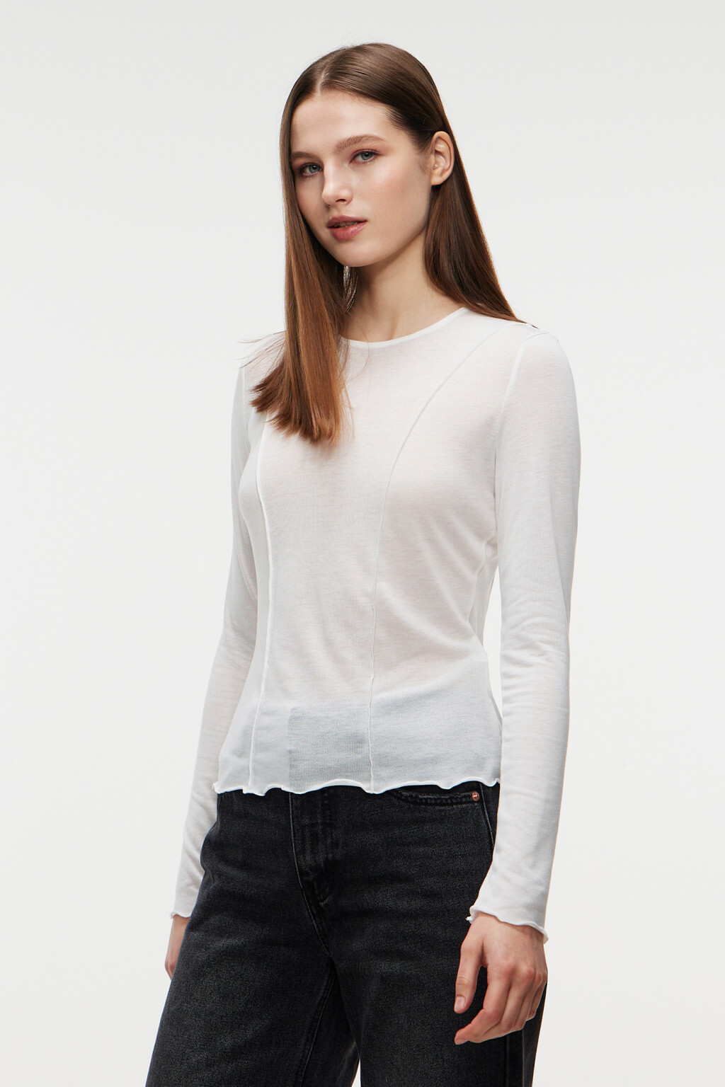 Лонгслив облегающий с волнистыми краями - цвет бежевый - 2