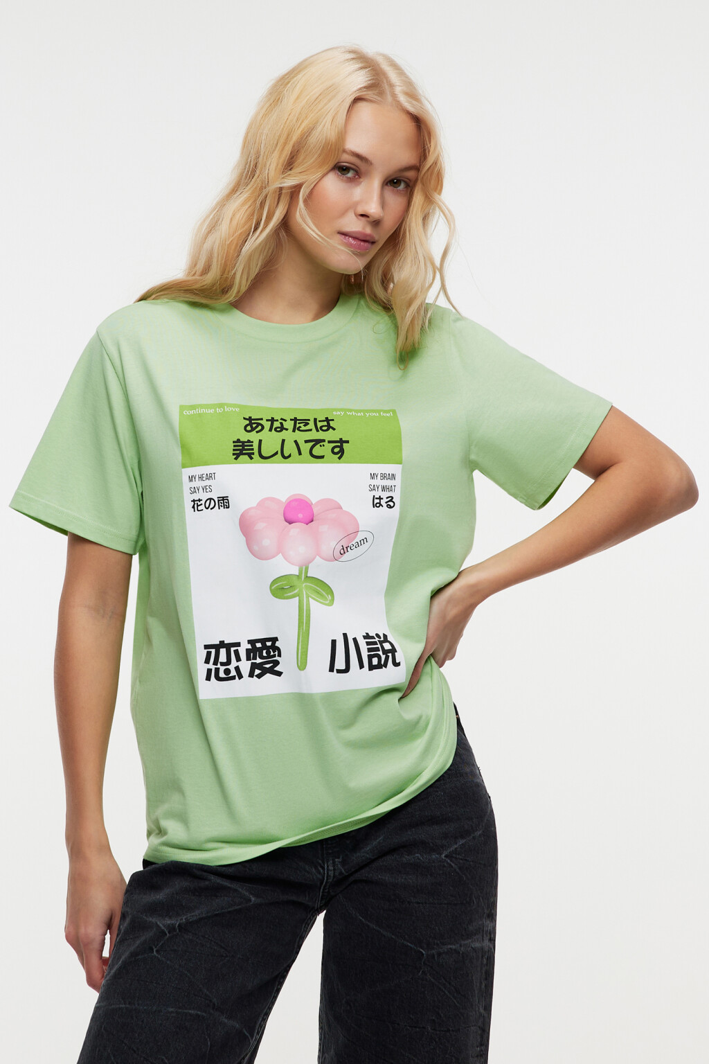 Футболка oversize хлопковая с принтом - цвет зеленый - 1