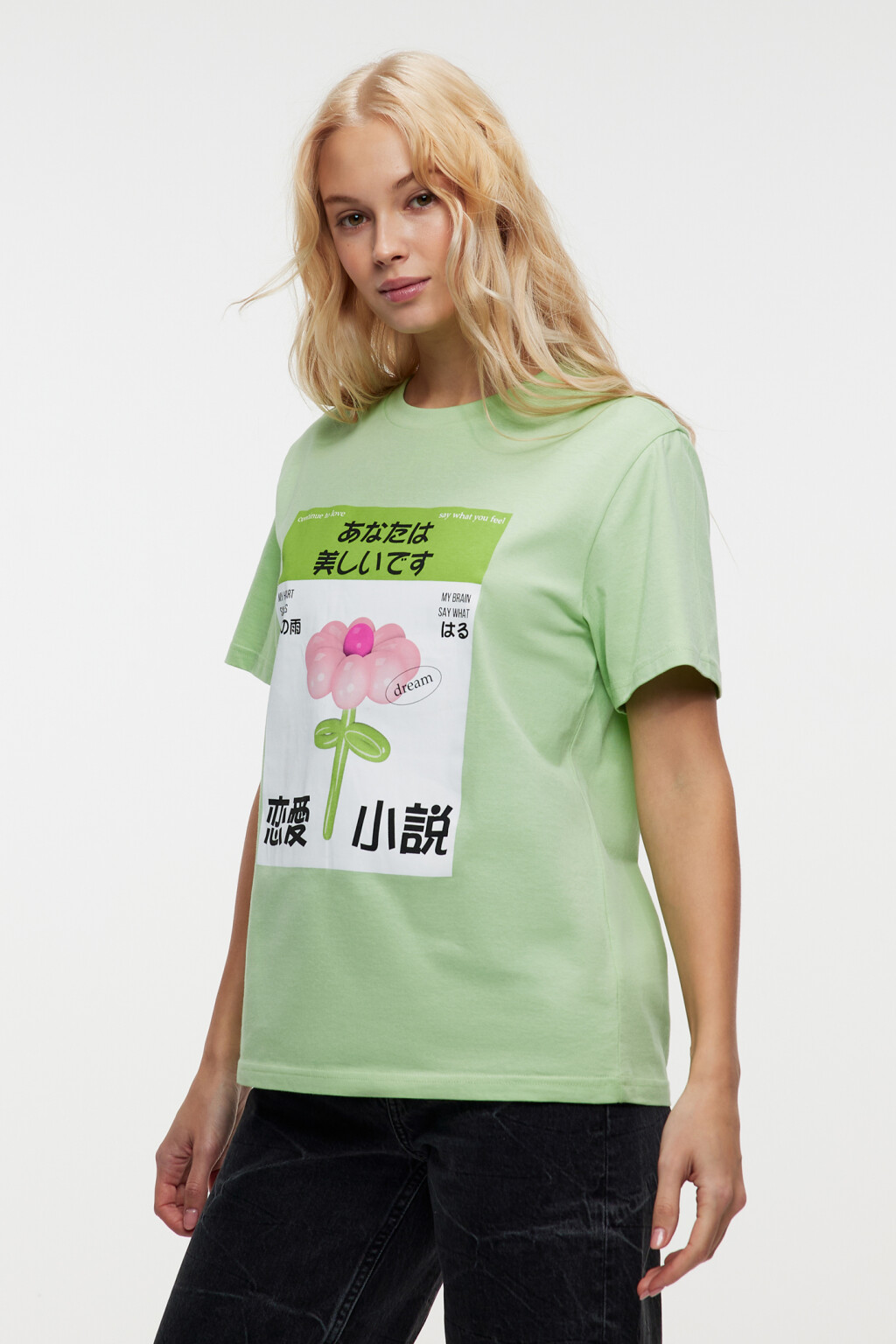 Футболка oversize хлопковая с принтом - цвет зеленый - 2