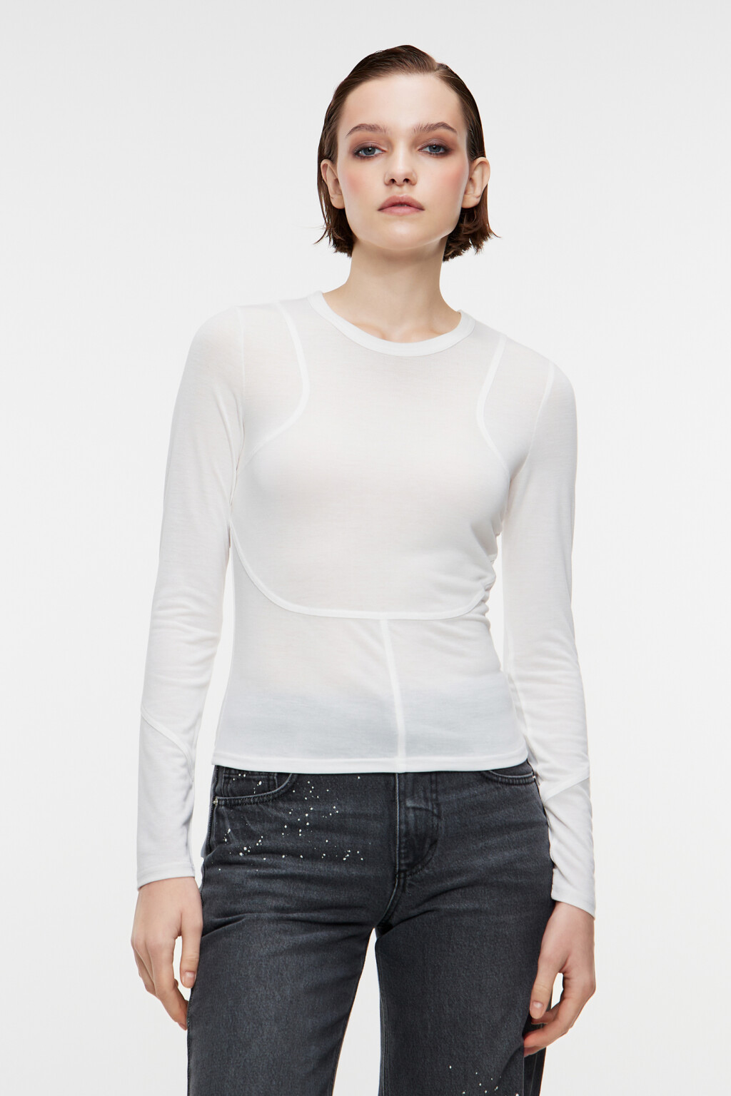 Лонгслив облегающий с декоративными наружными швами - цвет белый - 1